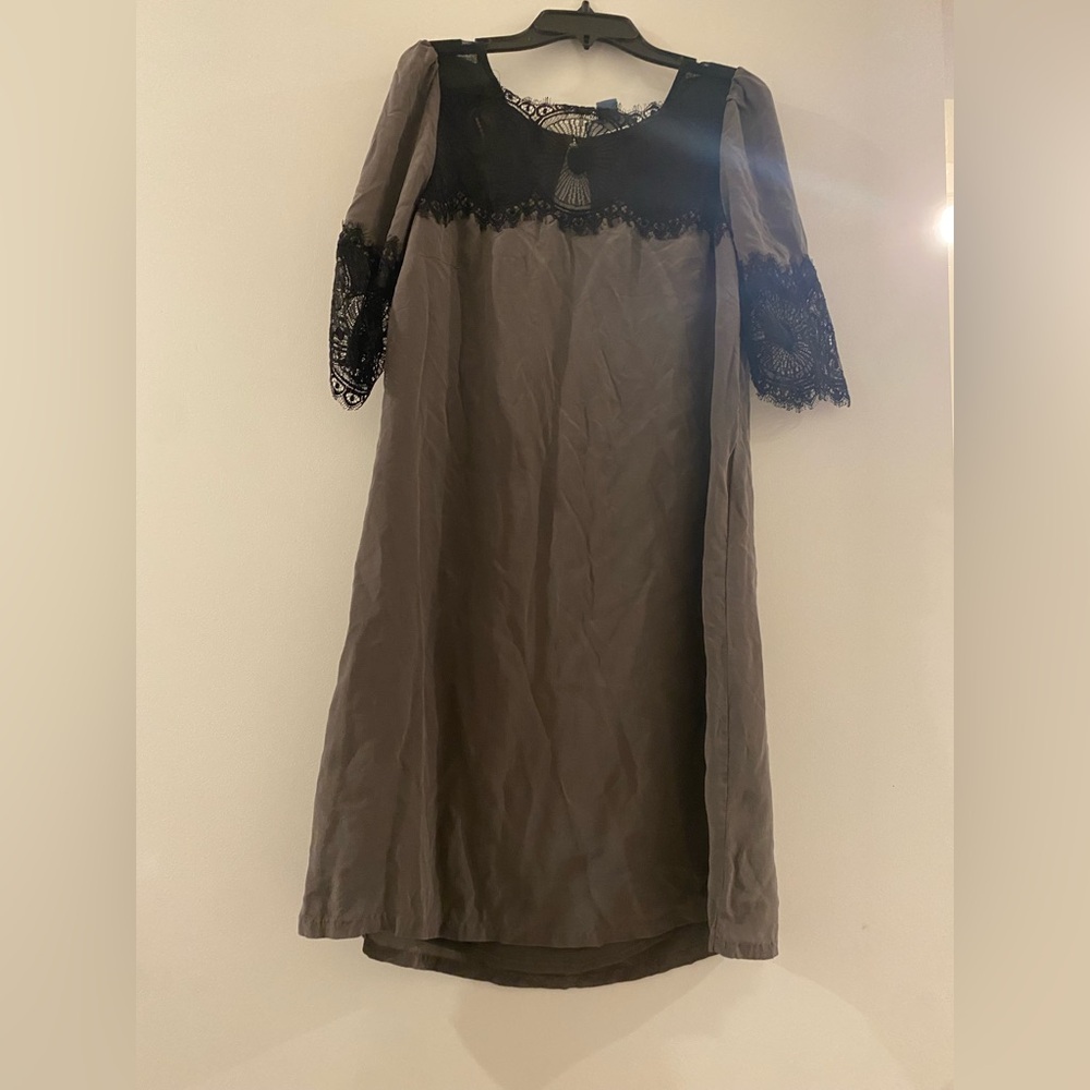 Anthropologie Dil Black and Gray Silk Dress with Lace Sleeves